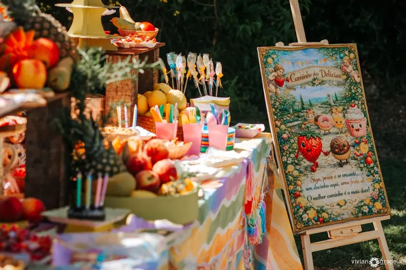 Themenfest im Borgo Santa Maria — Das Obstbuffet mit seinem gemalten Schild