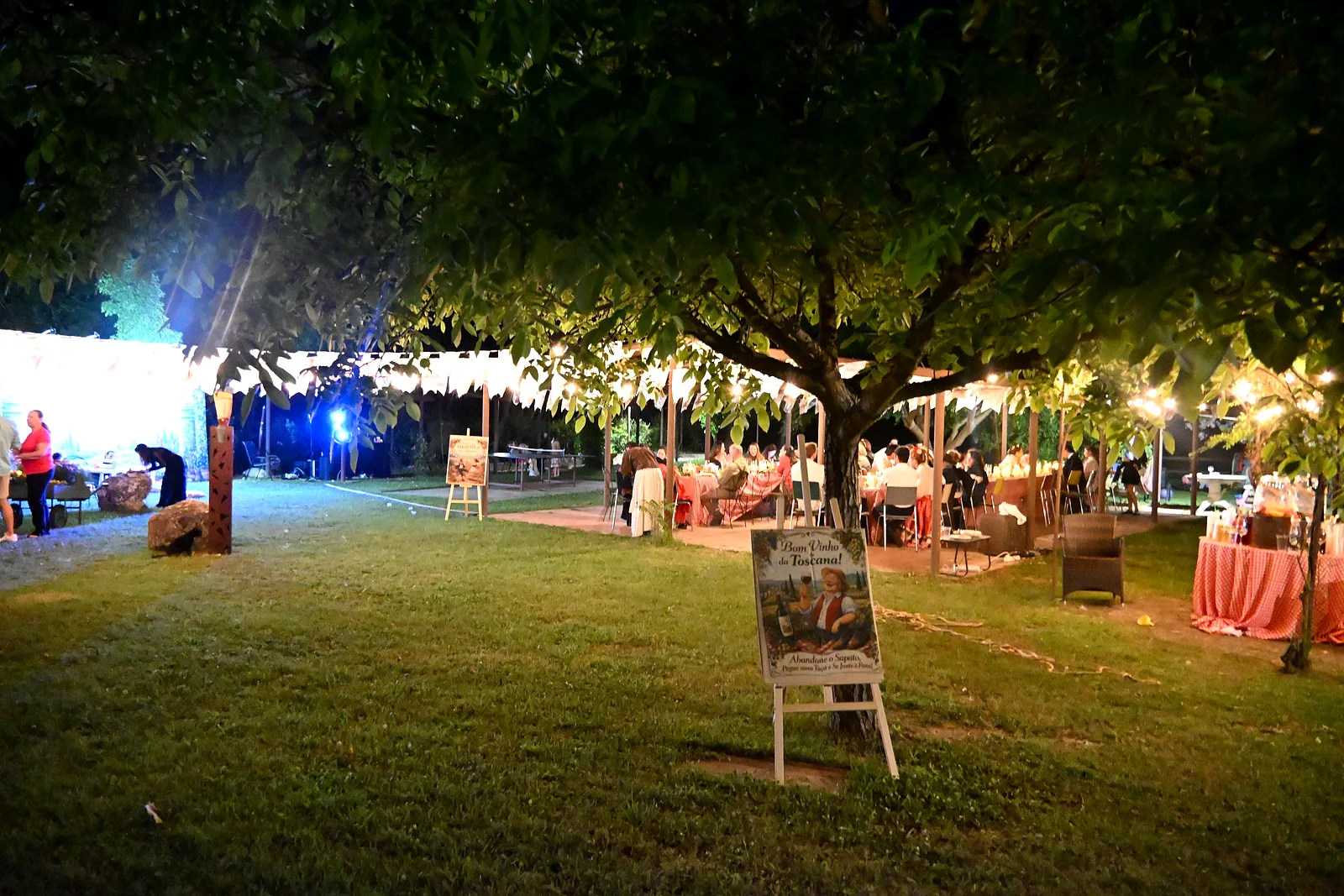 Aufbau einer Hochzeitsfeier im Borgo Santa Maria — Der große Baum, abends beleuchtet